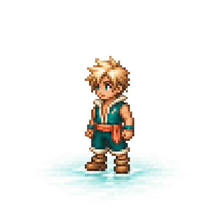 Rox as a small pixel-art island adventurer standing on shimmering water